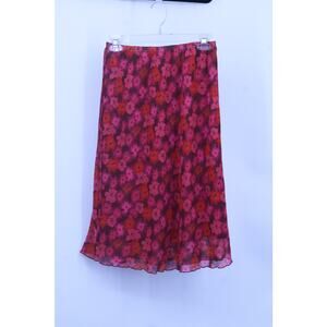 Clio Women's Floral Print A-Line Midi Skirt High Rise Elastic Waist Size M Pink